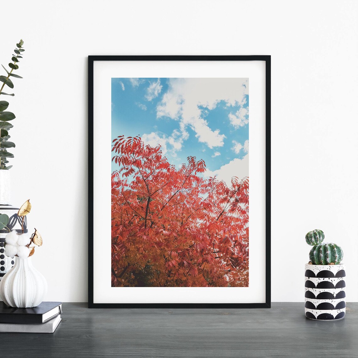 Fiery Red Autumn Leaves Foliage Blue Sky Nature Photo Poster