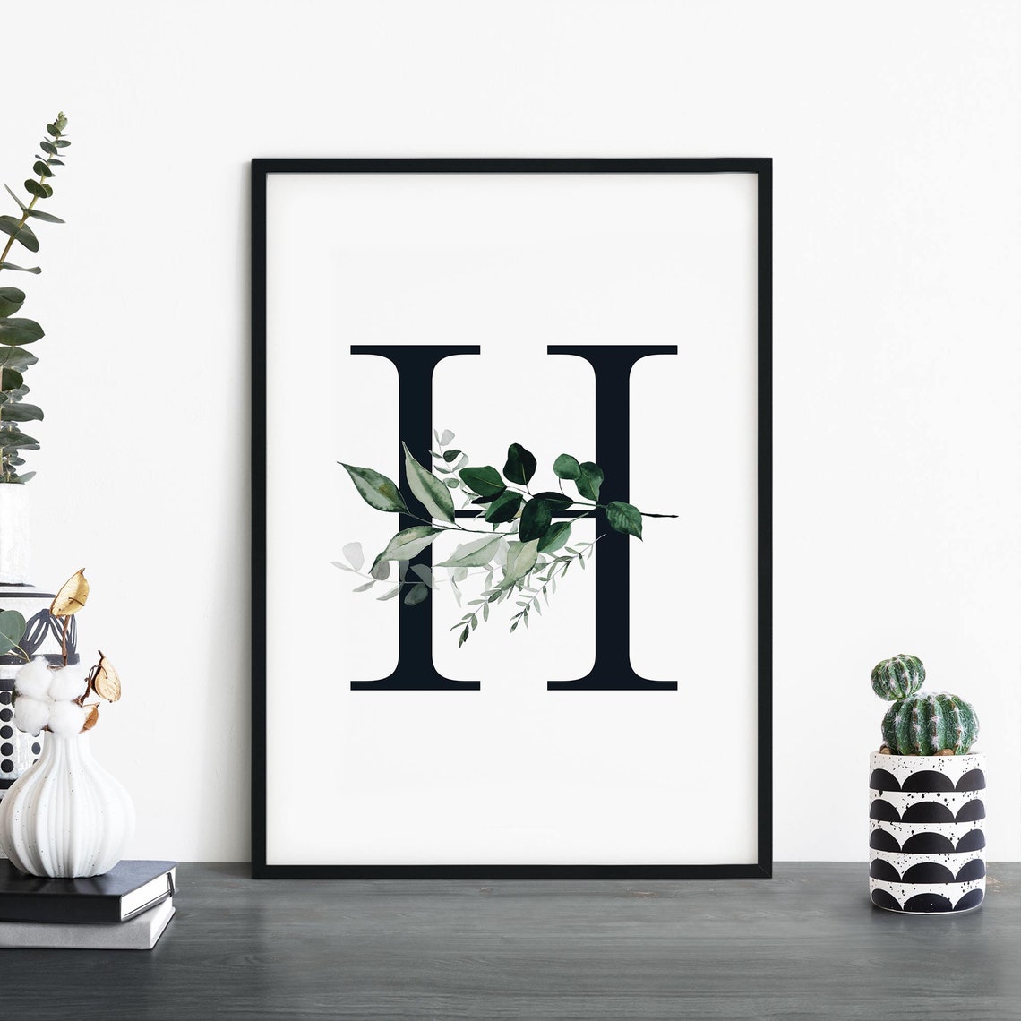 Botanical Letter H Monogram Print with Watercolor Green Foliage