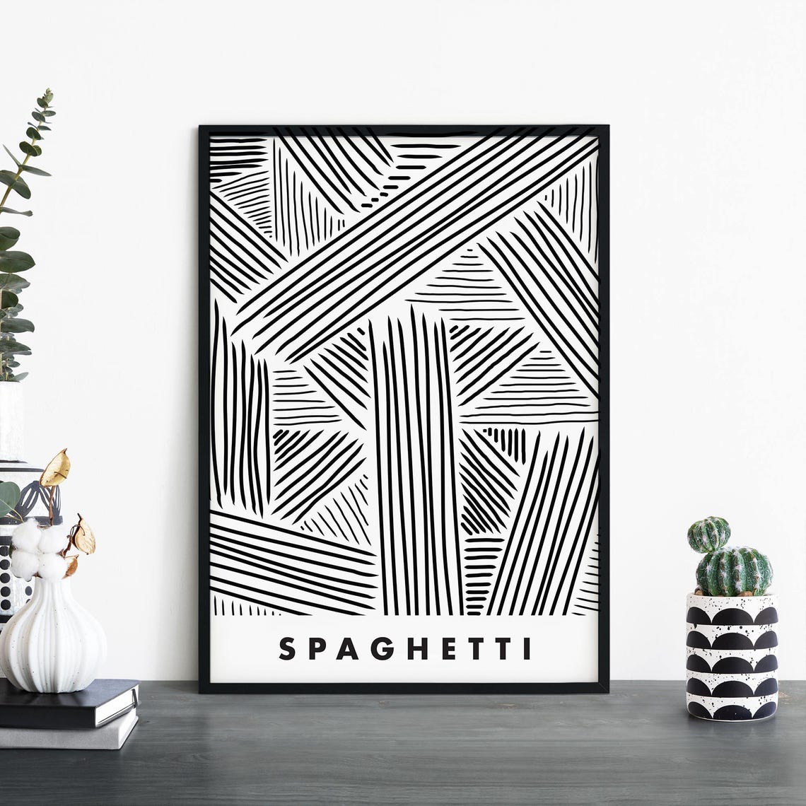 Spaghetti Pasta Pattern Black Line Art Minimalist Kitchen Food Poster