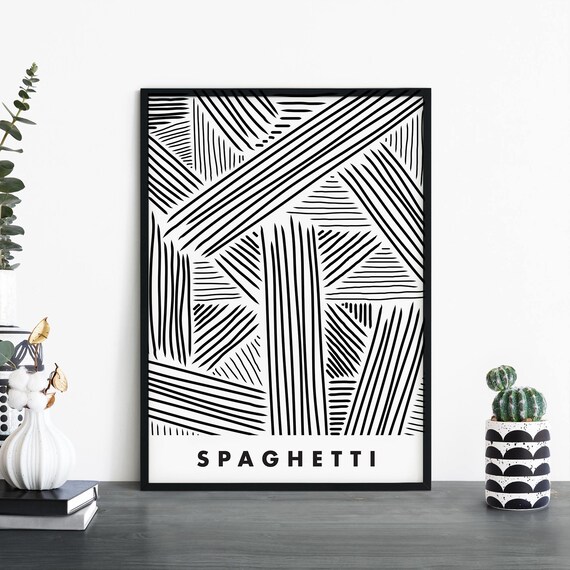 Spaghetti Pasta Pattern Black Line Art Minimalist Kitchen Food Poster