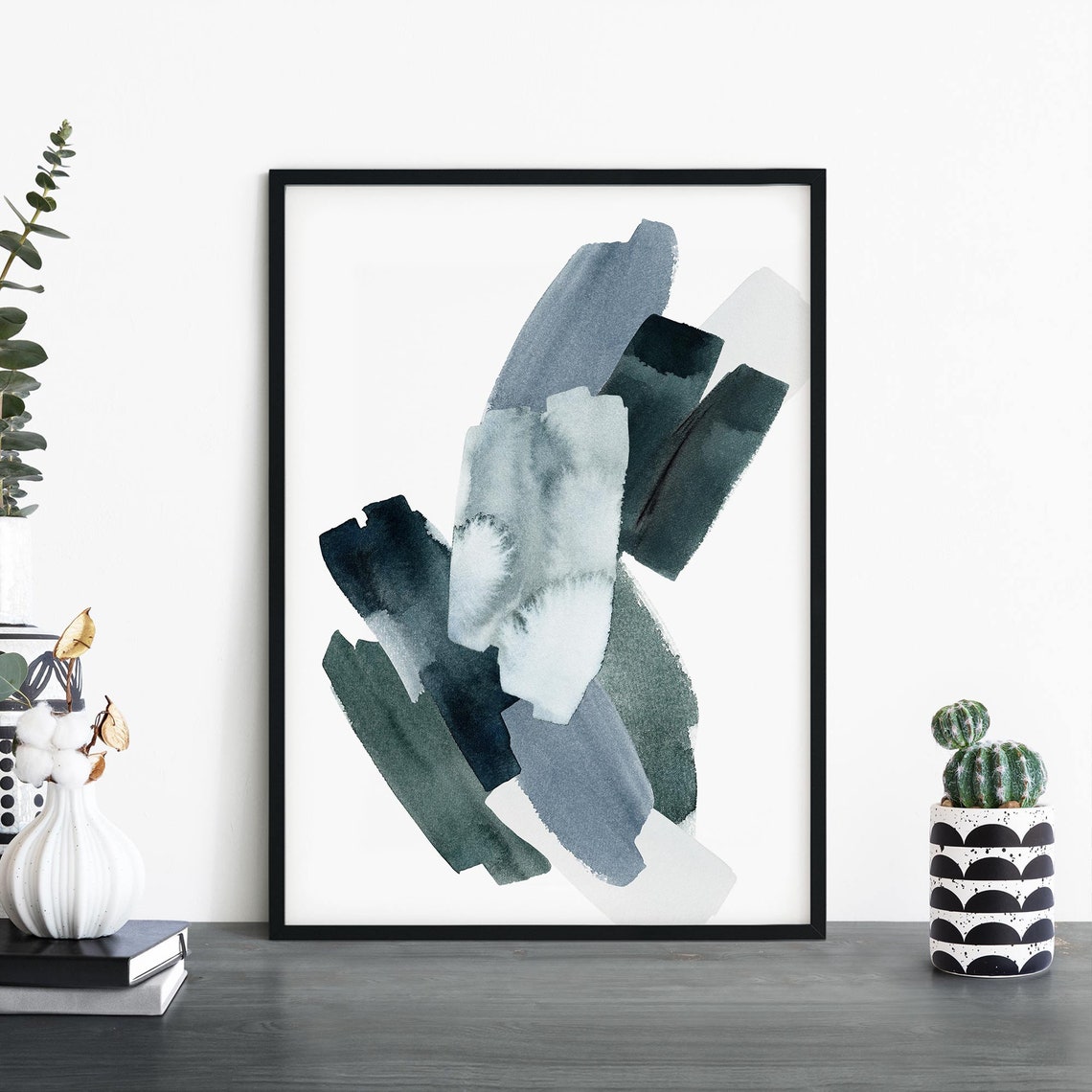 Diagonal Teal Grey Brush Strokes Abstract Modern Watercolor Poster