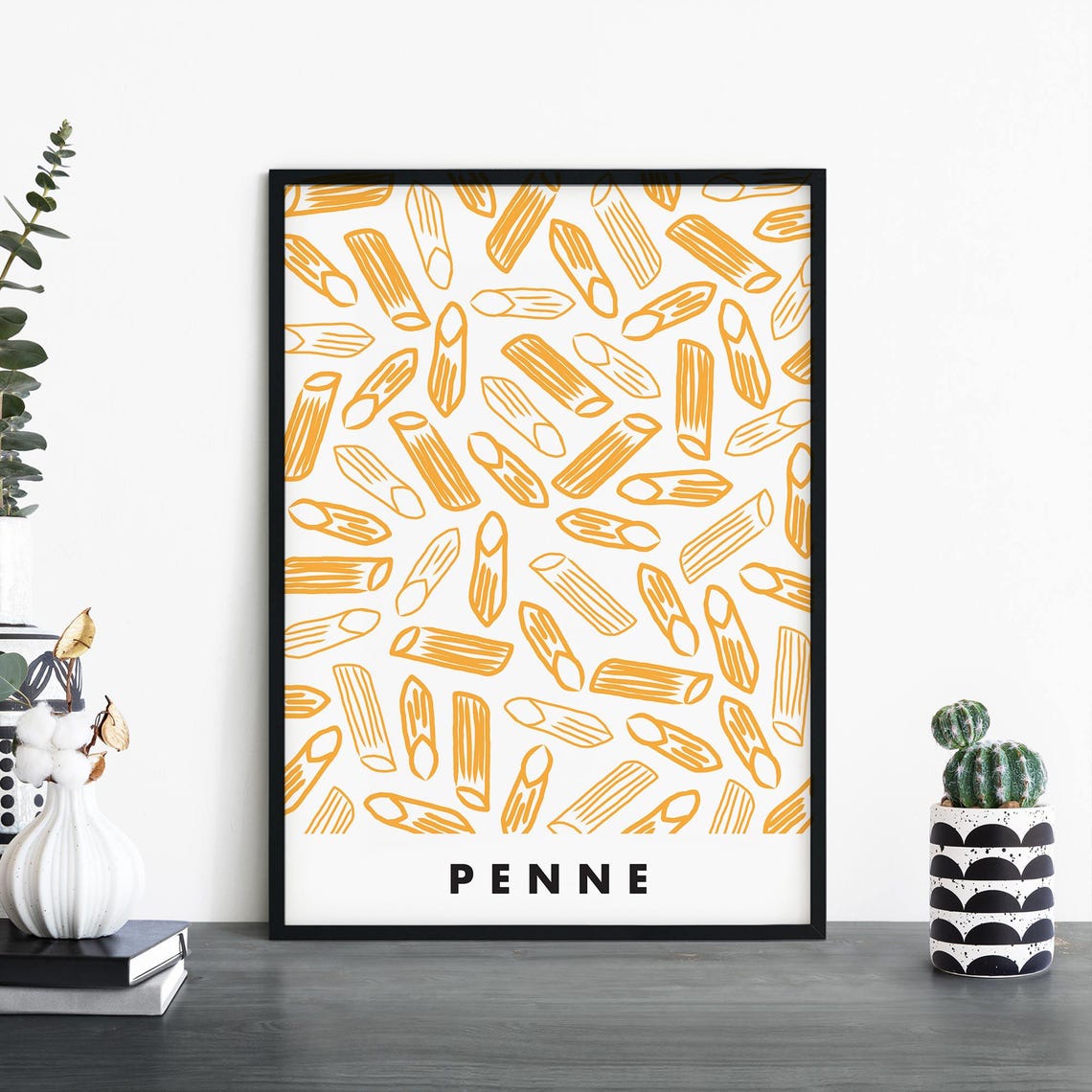 Penne Pasta Golden Pattern Italian Kitchen Illustration Poster