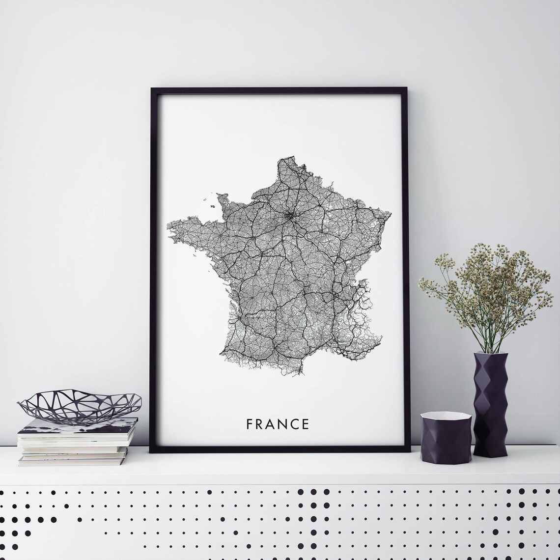 France Country Road Map Art Print, Travel Poster