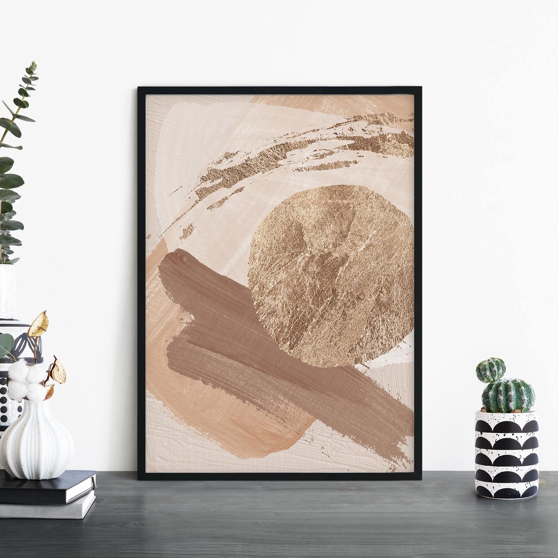 Beige Abstract Brushstroke Art with Shimmering Gold Circle Poster