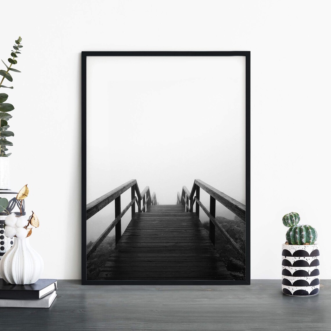 Foggy Wooden Boardwalk Stairs Moody Black And White Photo Poster