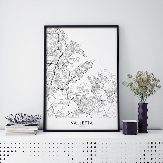 Minimal Black And White Valletta Malta City Street Map Wall Art