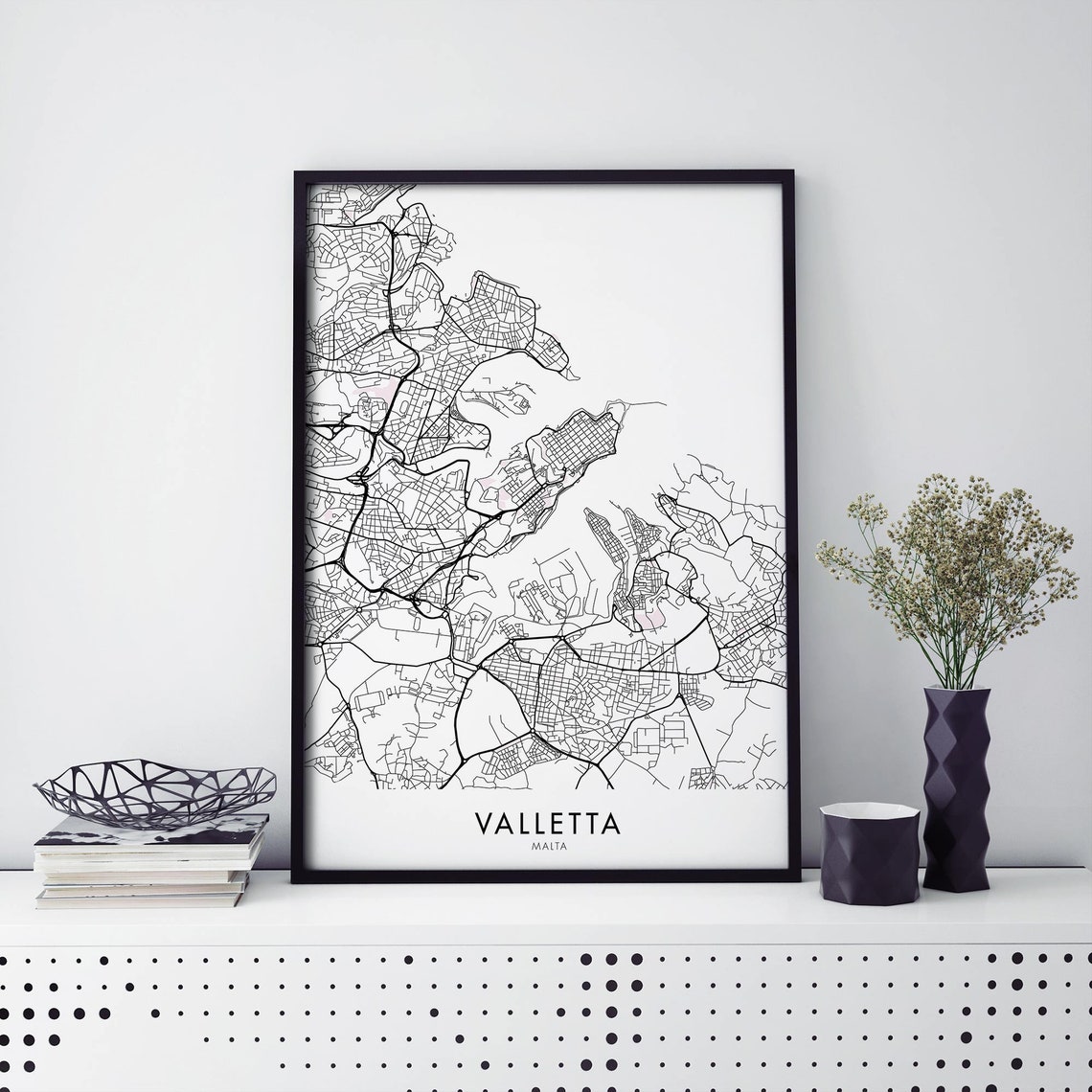 Minimal Black And White Valletta Malta City Street Map Wall Art