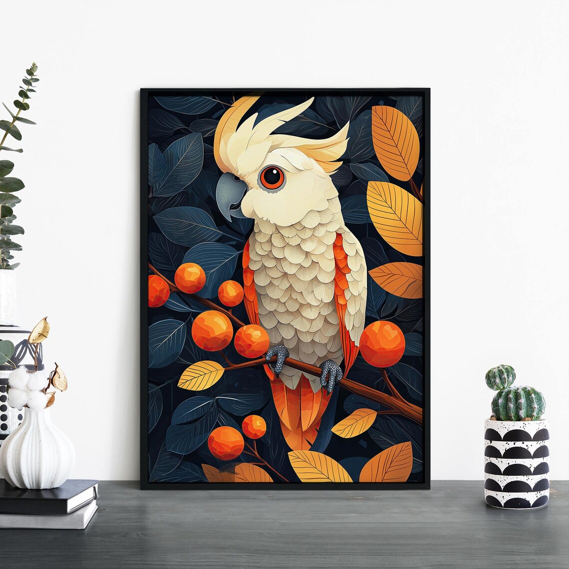 Salmon Crested Cockatoo With Orange Fruits Illustrative Bird Poster