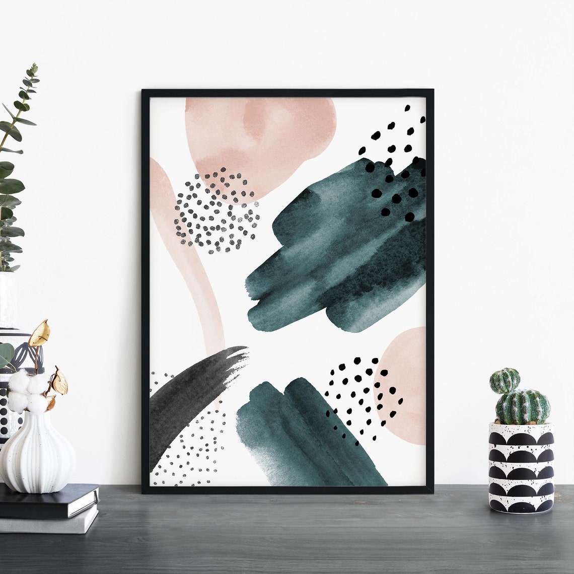 Blush Teal Abstract Watercolor Dots Brushstrokes Modern Art Poster