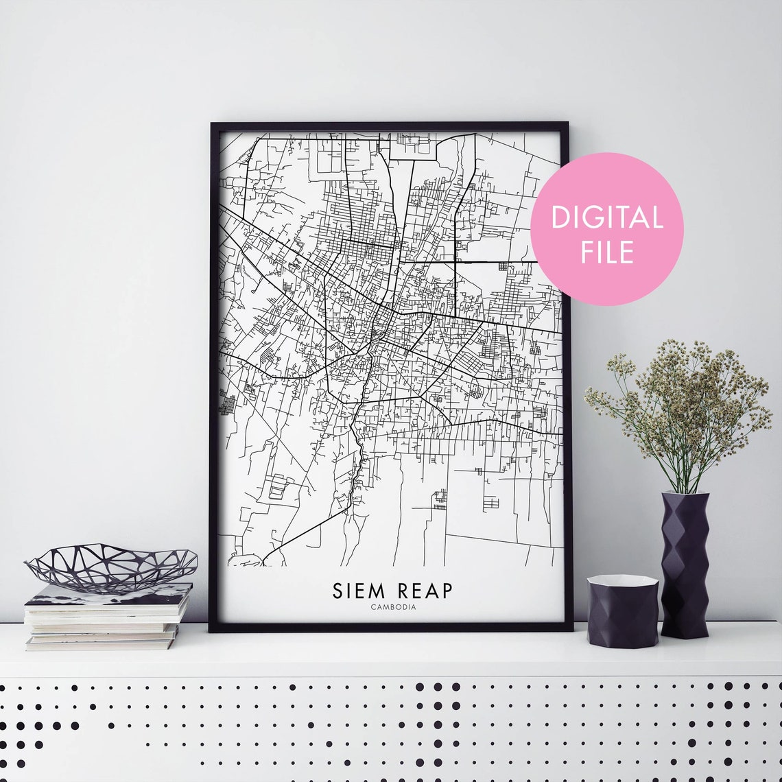 Siem Reap Cambodia City Map Art Print