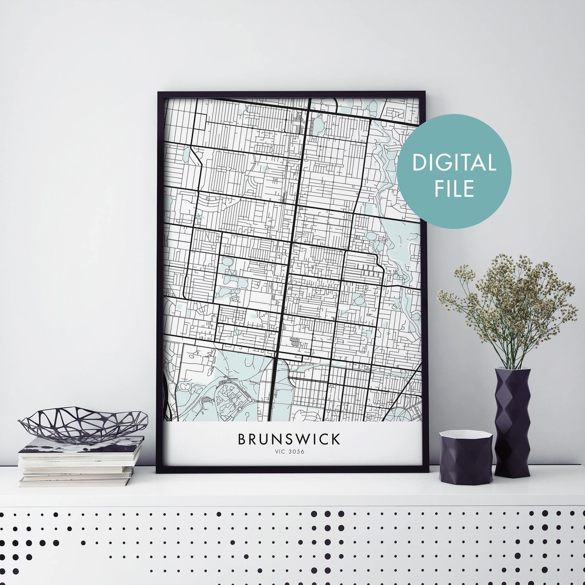 Brunswick Melbourne Monochrome Street Map Suburb Digital Poster