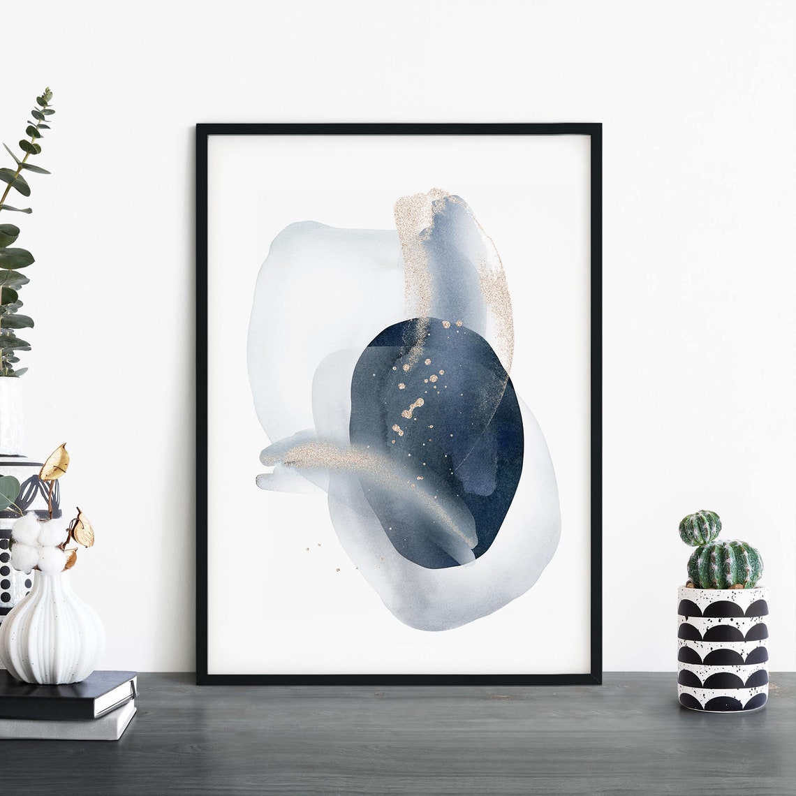 Navy and Gold Glitter Abstract Watercolor Modern Decor Poster