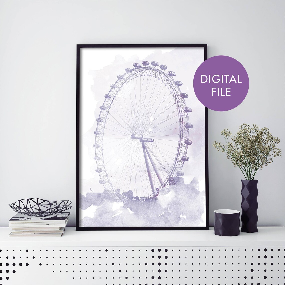 London Eye Watercolor Lavender Wash Landmark City Travel Poster