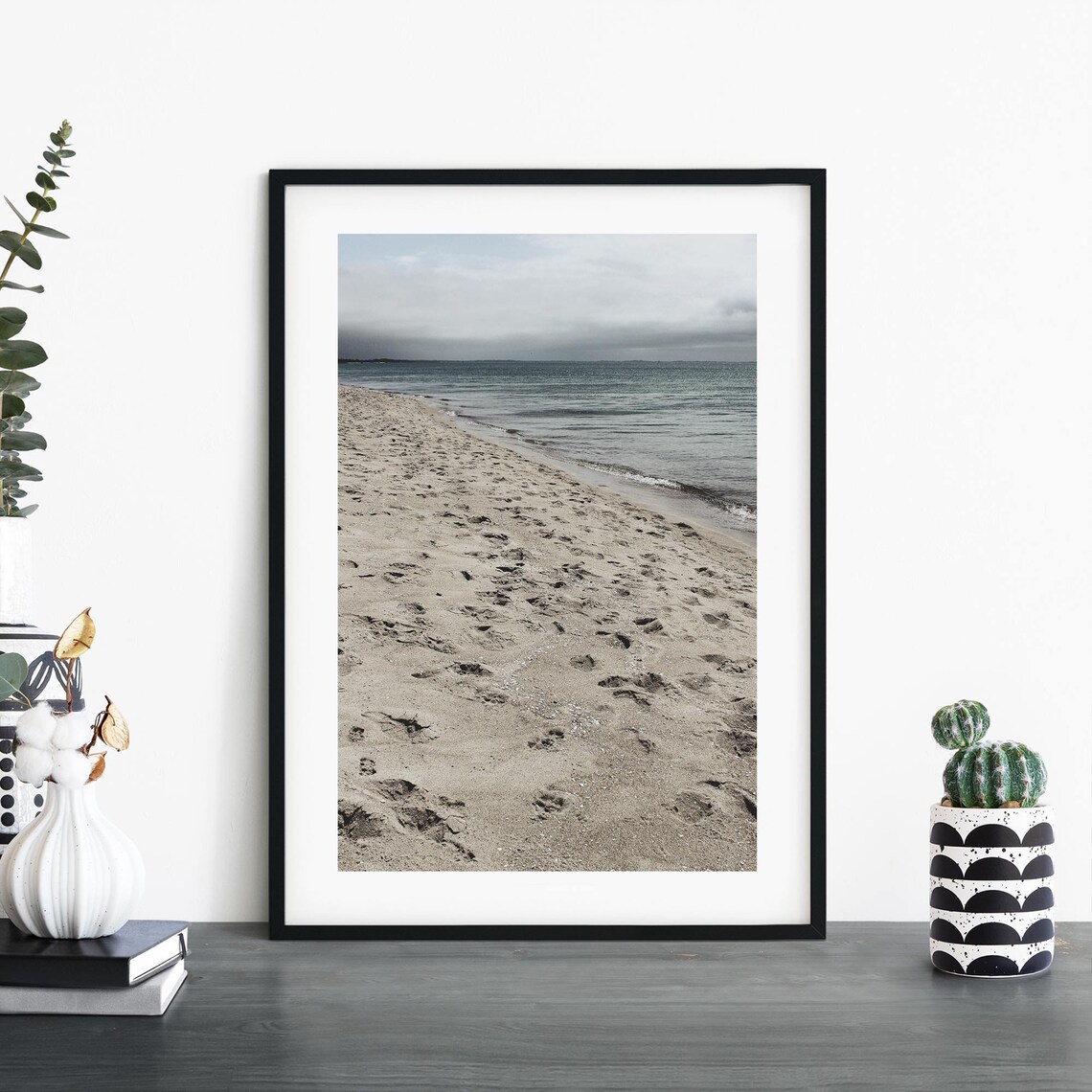 Quiet Beach Shoreline with Footprints Moody Ocean Photo Poster