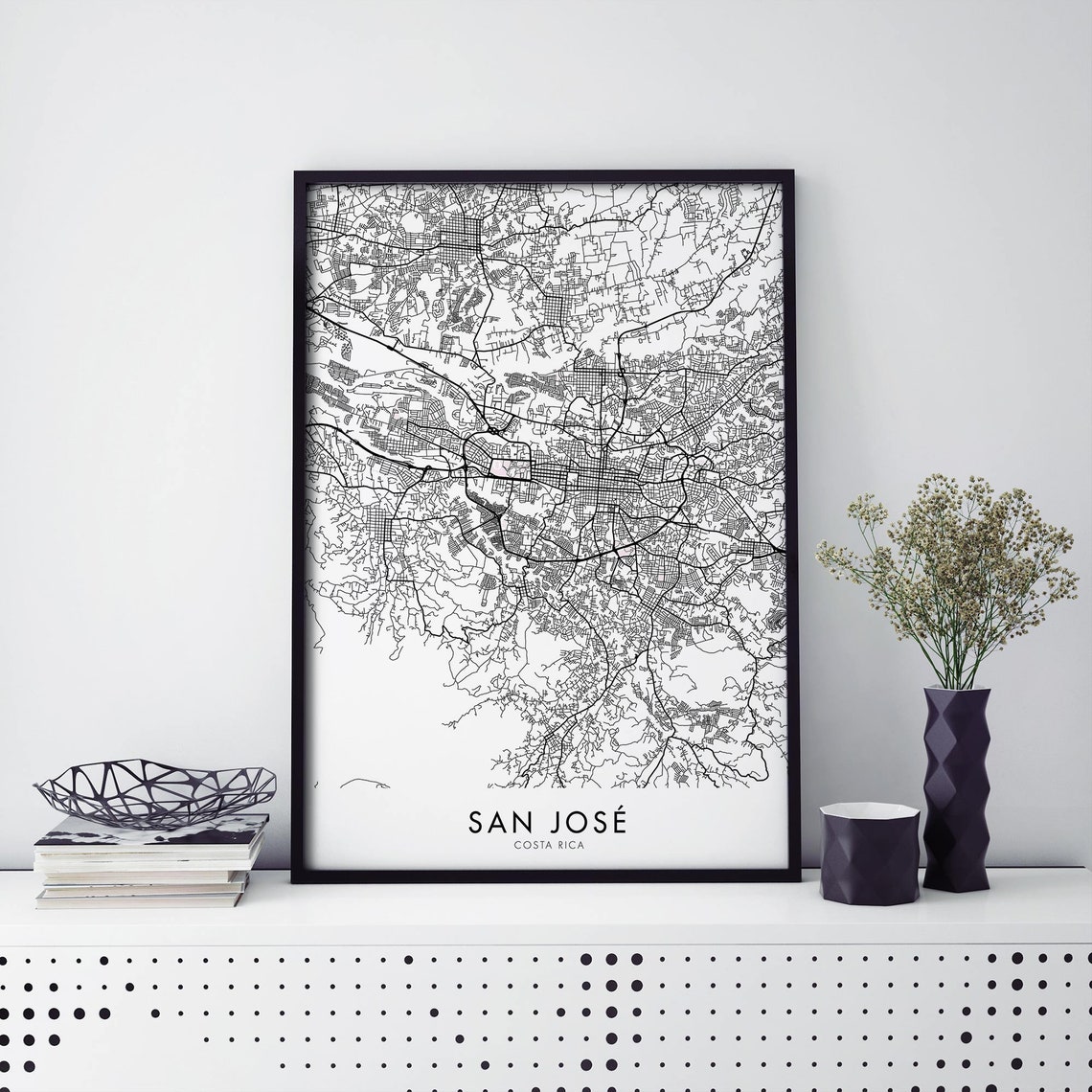 San Jose Costa Rica Black and White City Map Framed Map Poster