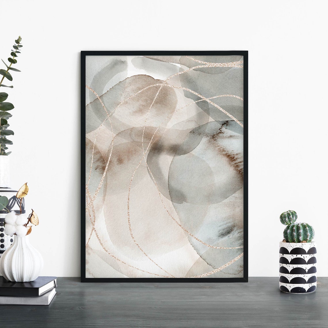 Beige Neutral Watercolor Pebbles Swirls Elegant Abstract Wall Poster