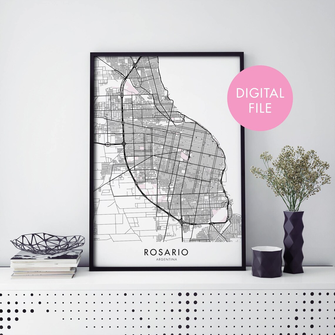 Rosario Argentina Black and White City Street Map Art Poster