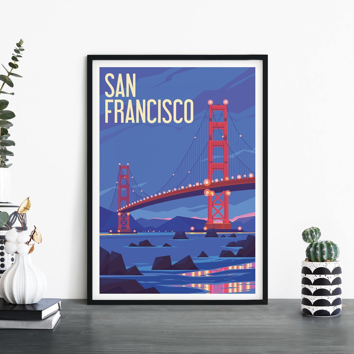 San Francisco Golden Gate Bridge Night Lights Illustrative Travel Poster