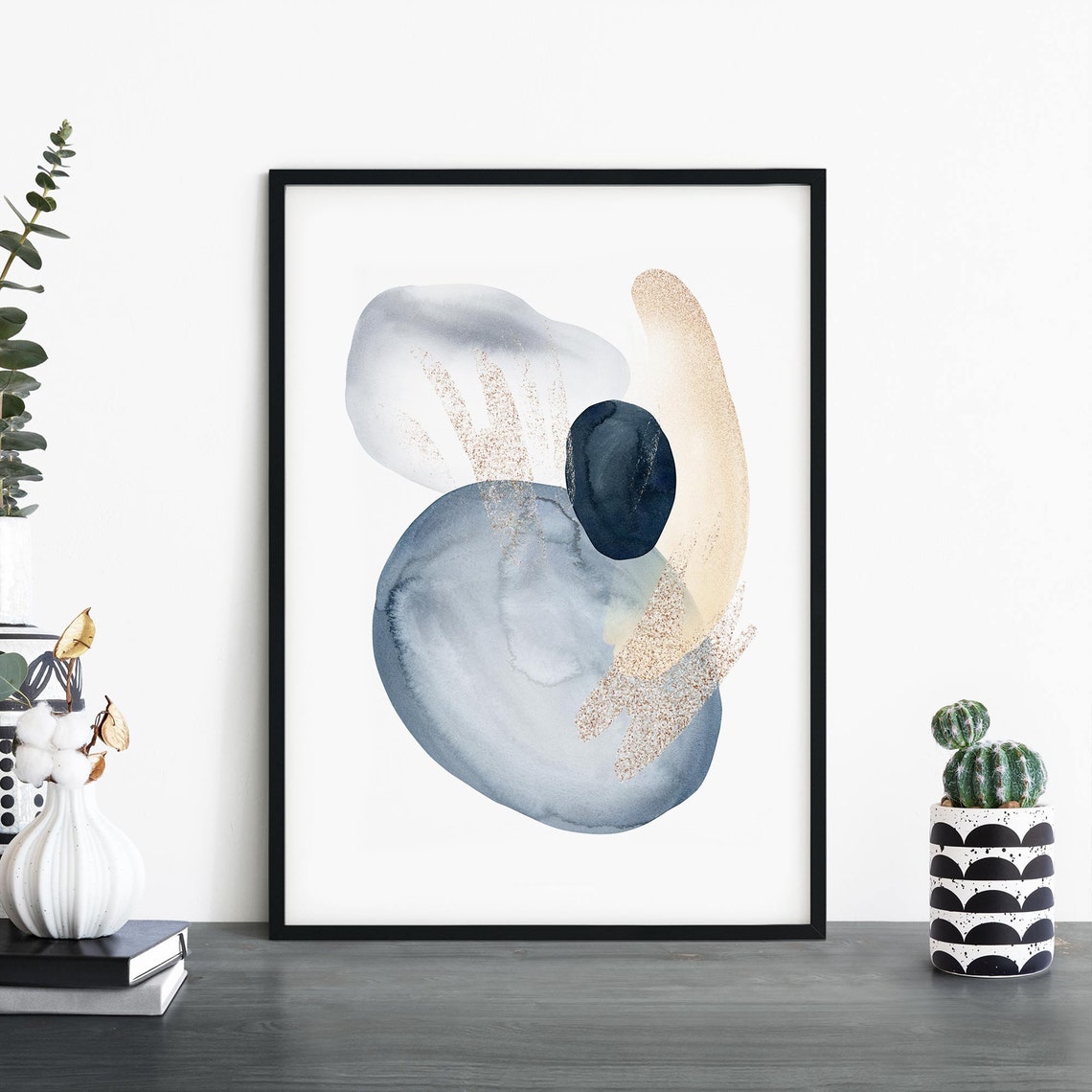 Blue Grey Watercolor Abstract With Gold Brushstroke Modern Poster