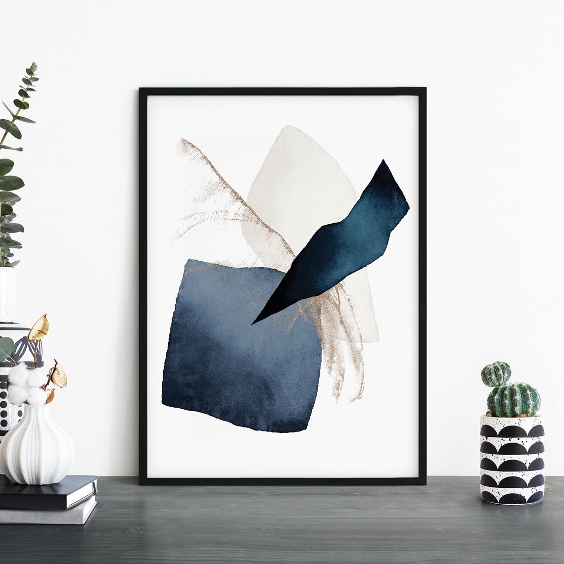 Navy Cream Abstract Watercolor Brushstroke Modern Minimalist Wall Art