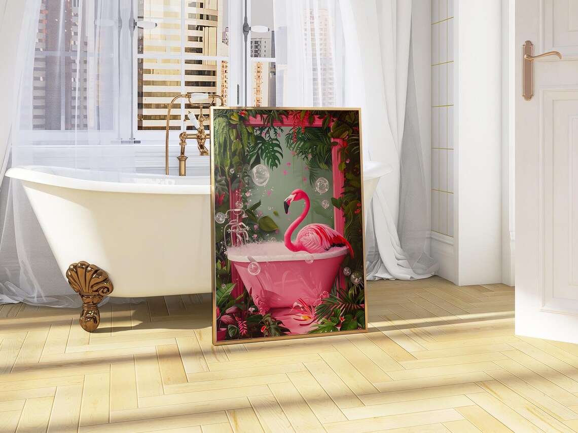 Pink Flamingo In Bathtub Funny Bathroom Art Print - Image 4