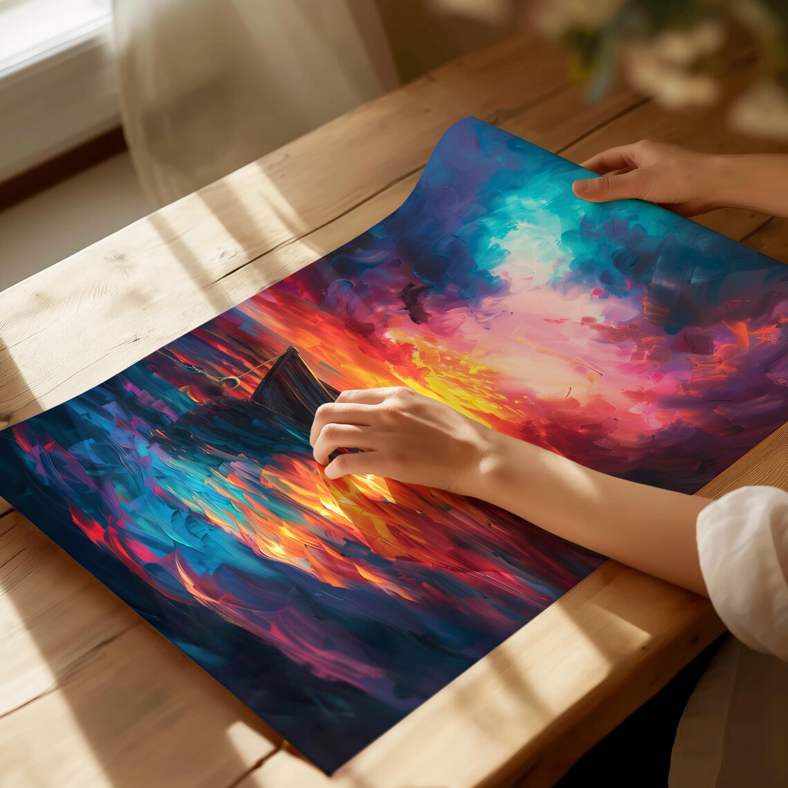 Lone Rowboat Floating On A Vibrant Sunset Ocean Impasto Painting Poster - Image 4