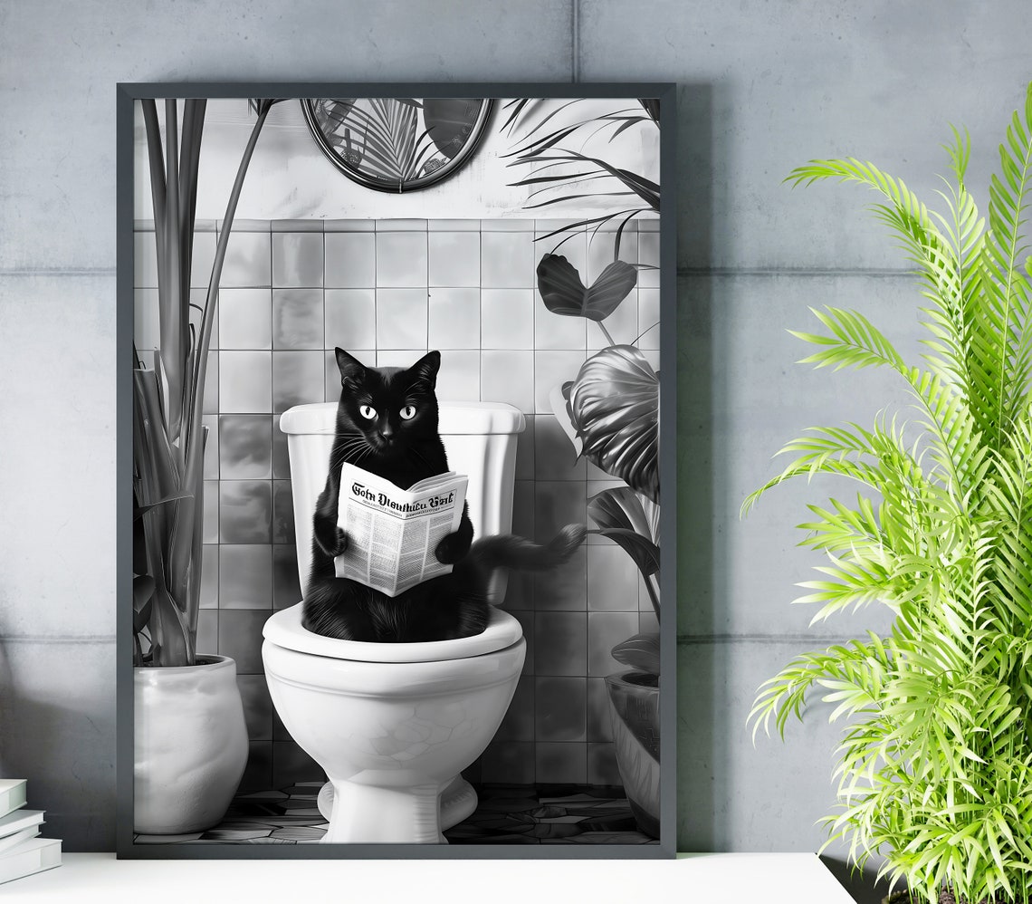 Black Cat Reading Newspaper Toilet Black White Bathroom Poster - Image 2
