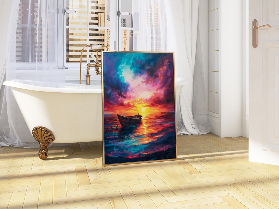 Lone Rowboat Floating On A Vibrant Sunset Ocean Impasto Painting Poster - Image 2
