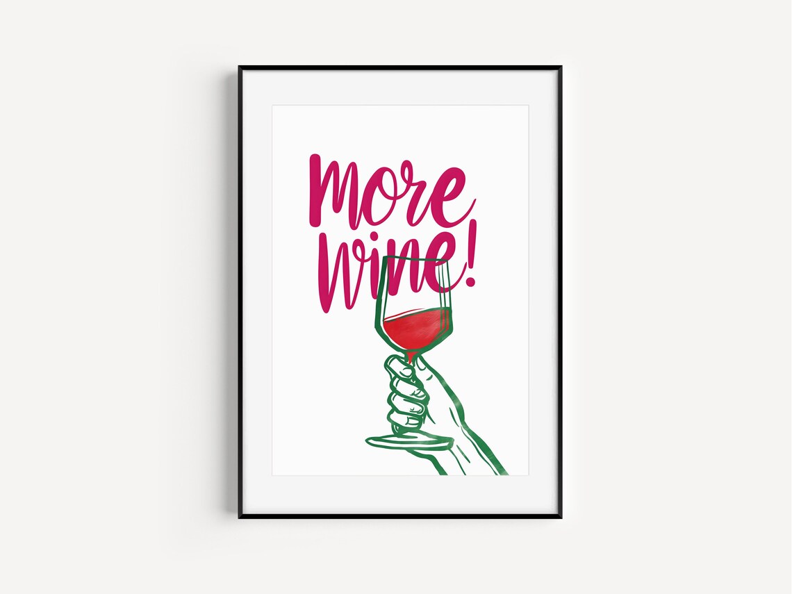 More Wine Pink Retro Script Hand Wine Glass Bar Cart Decor Poster - Image 5