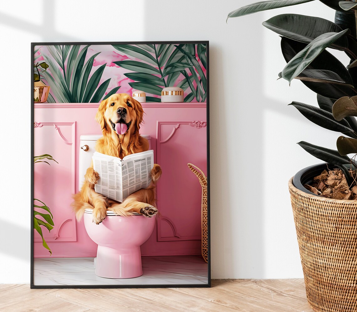 Bathroom Golden Retriever On Toilet Funny Dog Print - Image 5