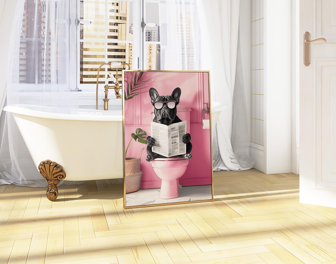 French Bulldog With Sunglasses Reading Newspaper On Toilet Poster - Image 4