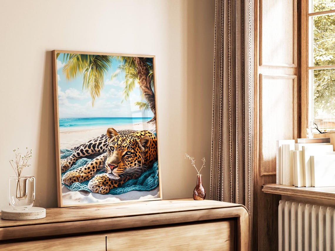 Leopard Lounging on a Tropical Beach With Palm Trees Art Poster - Image 4