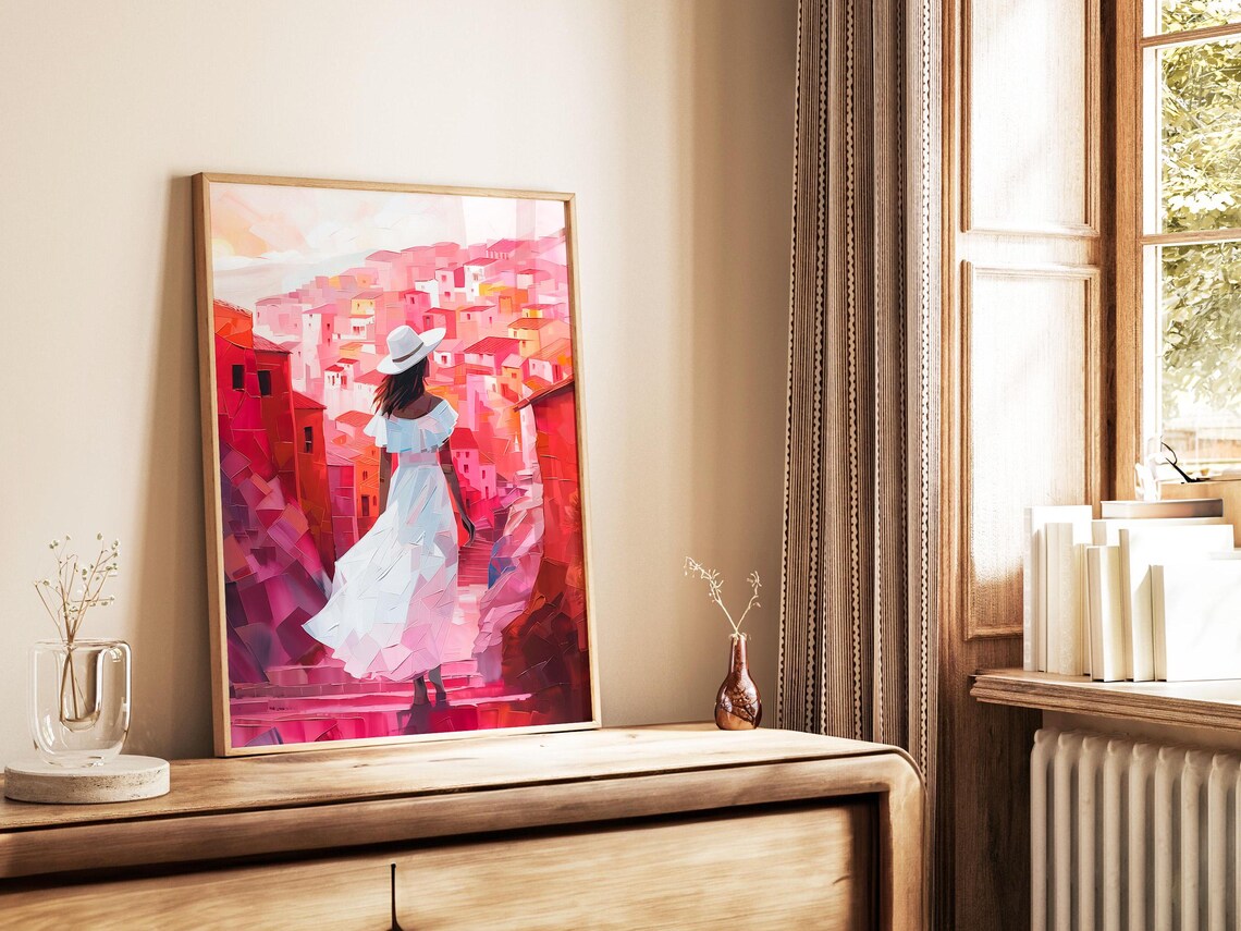 Woman White Dress Pink Mediterranean Hillside Town Impasto Poster - Image 5