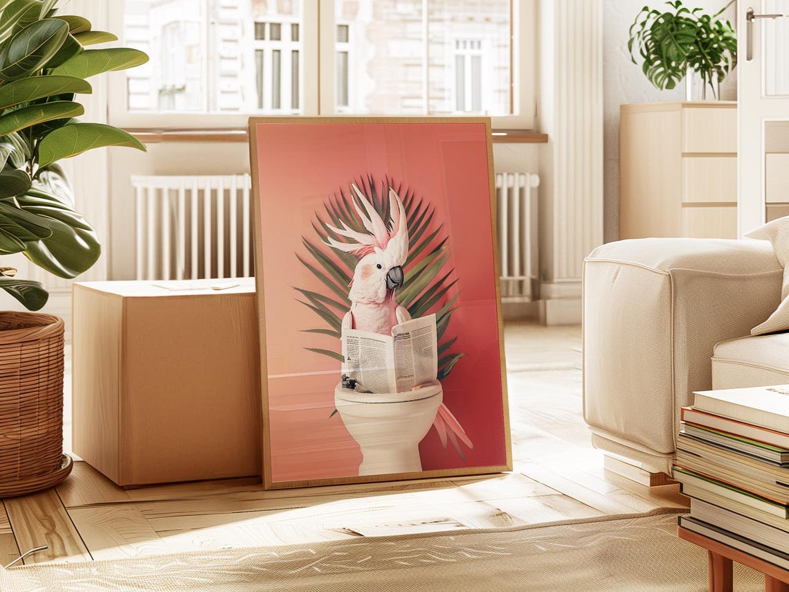 White Cockatoo Reading Newspaper On Toilet With Palm Fronds Poster - Image 3
