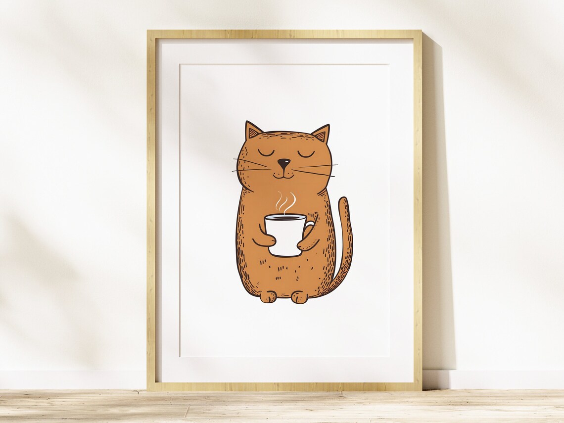Sleepy Orange Cat Holding Steaming Coffee Cute Doodle Poster - Image 4