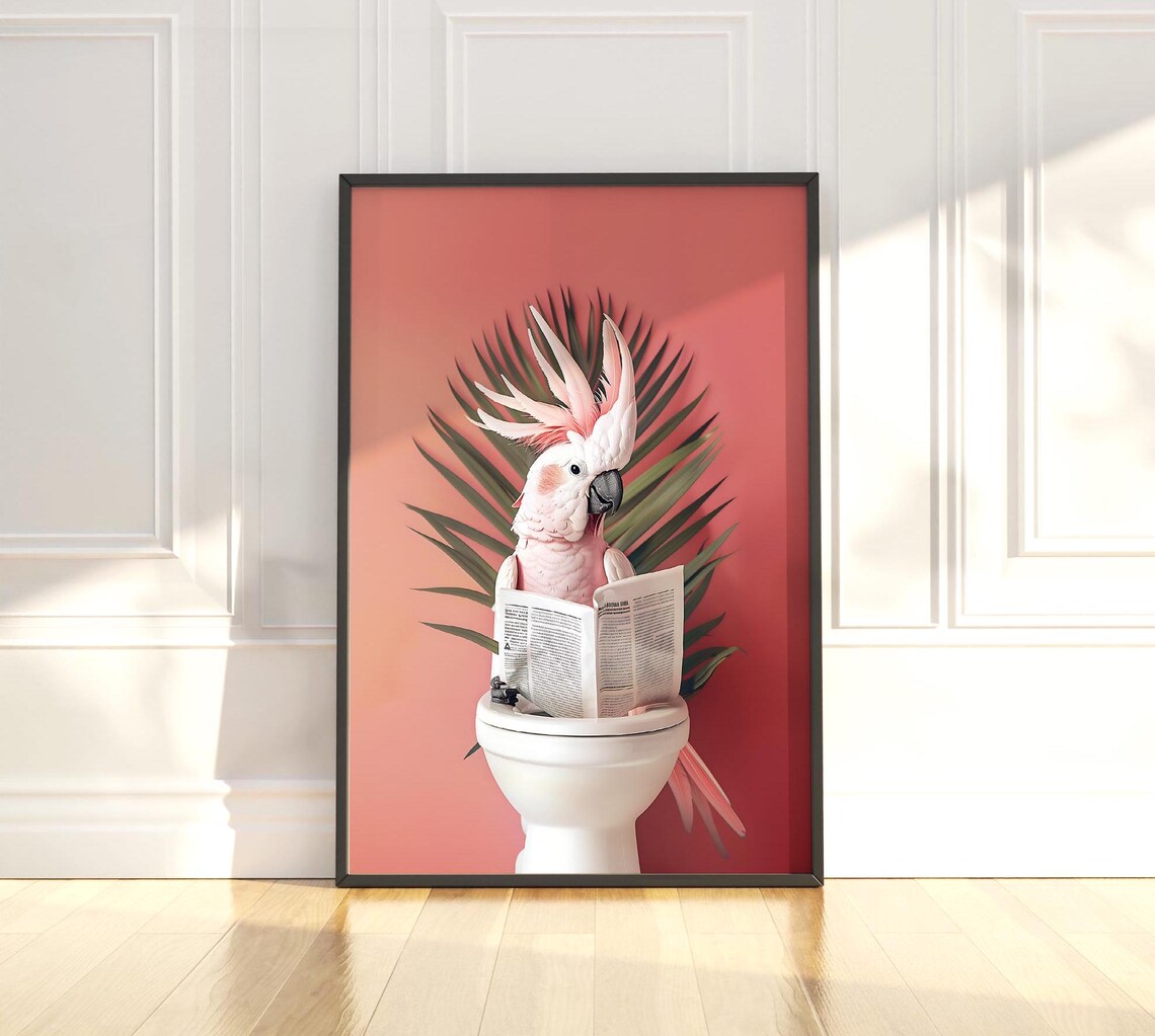 White Cockatoo Reading Newspaper On Toilet With Palm Fronds Poster - Image 4