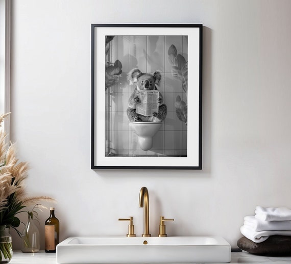 Black And White Koala Reading On Toilet Funny Posters Bathroom Wall Art Toilet Poster Toilet Wall Art Koala Poster Bathroom Wall Decor
