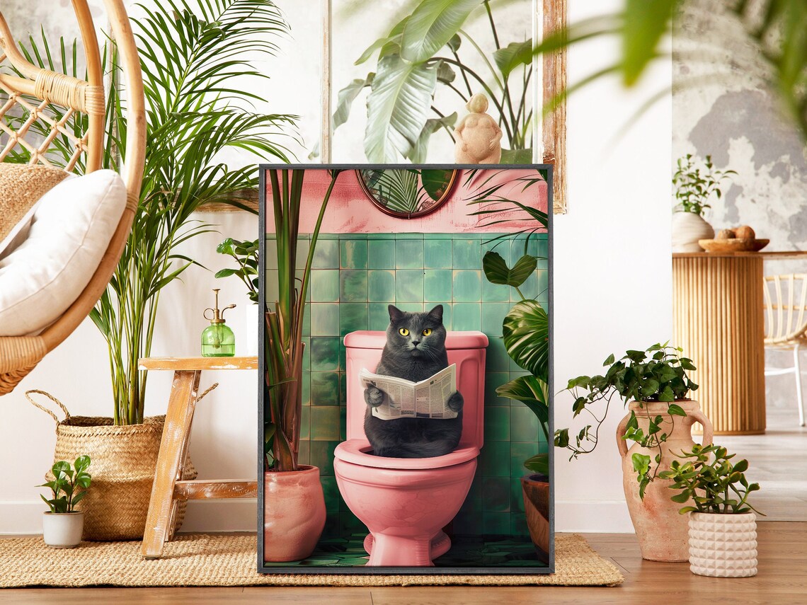 Funny Cat Toilet Print, Trendy Bathroom Decor - Image 2