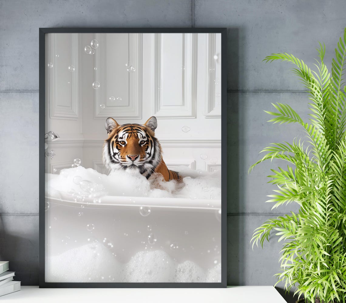 Tiger Soaking in Bubble Bath Bathtub Funny Animal Bathroom Wall Art - Image 2
