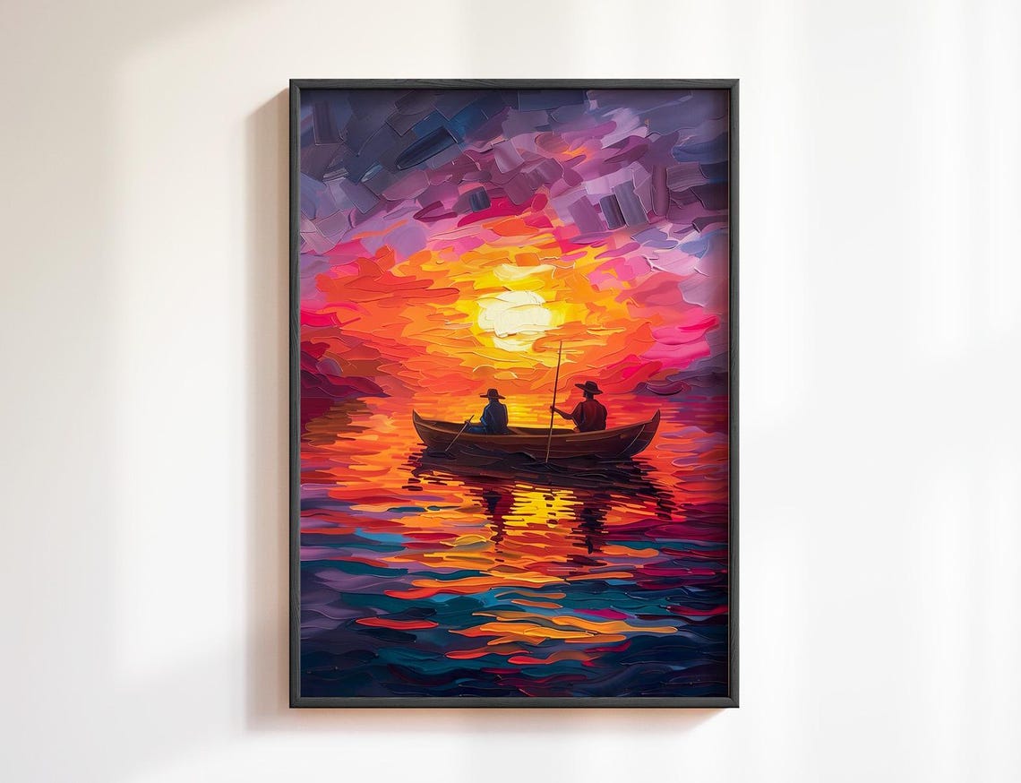 Fishermen Rowing A Canoe Through A Blazing Sunset Seascape Poster - Image 5