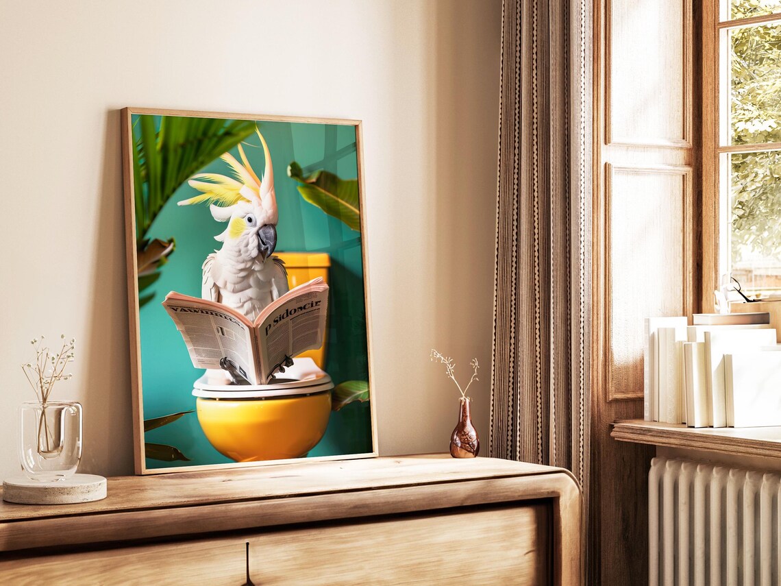 White Cockatoo With Yellow Crest Reading On Yellow Toilet Poster - Image 5
