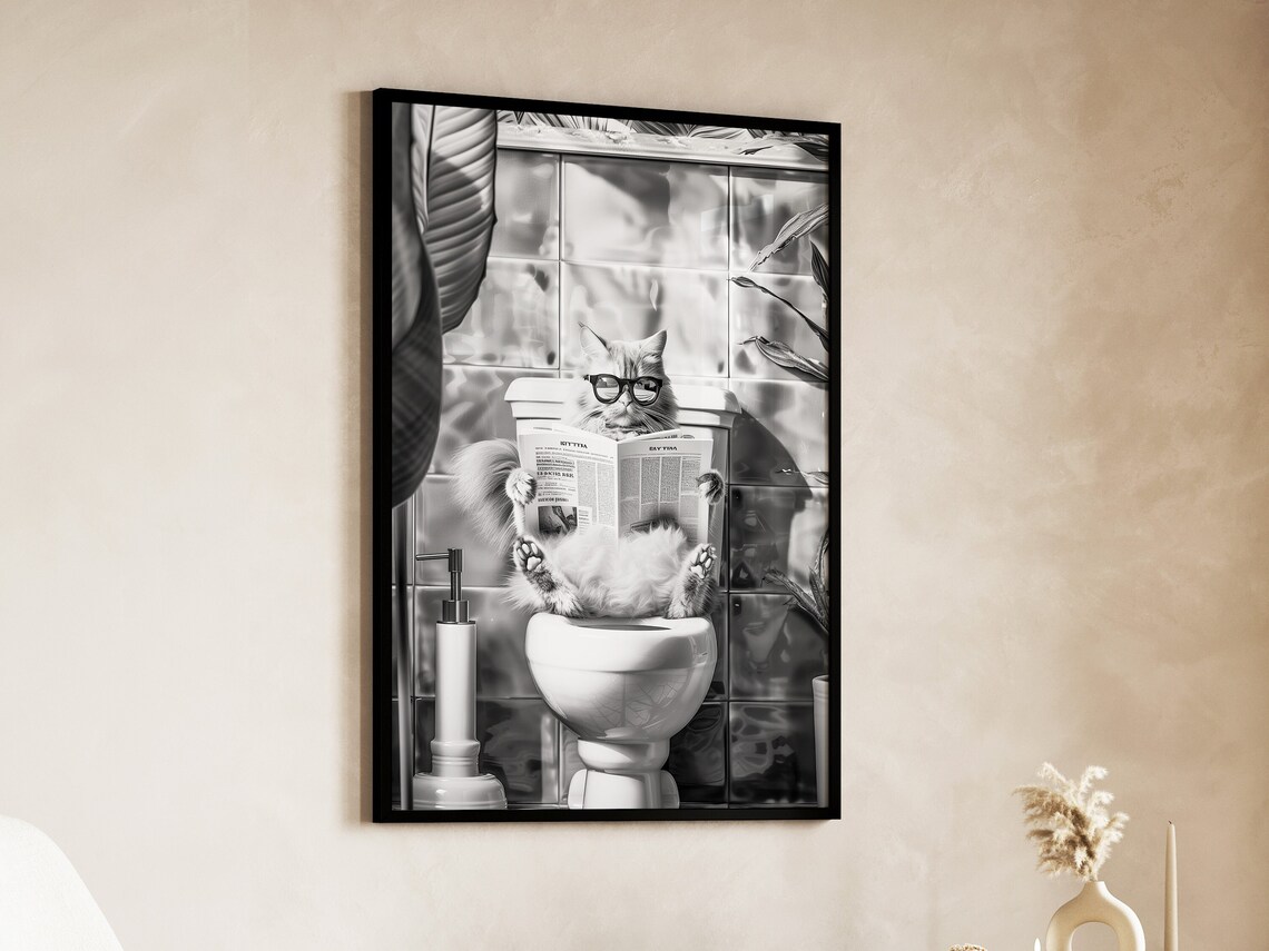 Black And White Cat Wearing Glasses Reading On Toilet Funny Bathroom Poster - Image 4