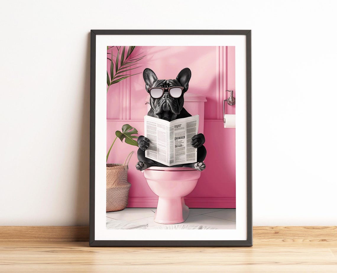Bathroom Blue French Bulldog Reading On Toilet Print Funny Bathroom Decor Toilet Wall Art Funny Dog Print Bathroom Wall Art Dog On Toilet - Image 5