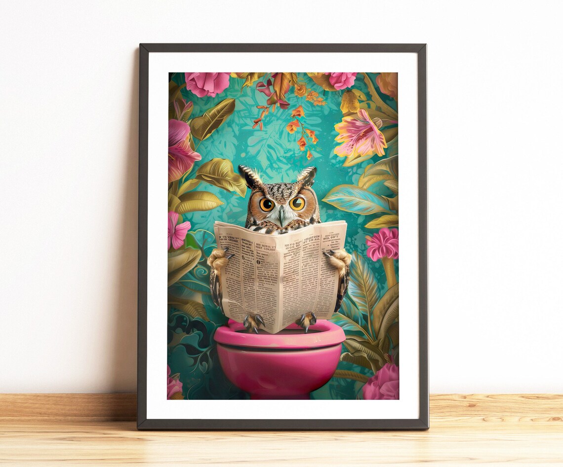 Owl Sitting On Toilet Reading Newspaper Art Print - Image 3