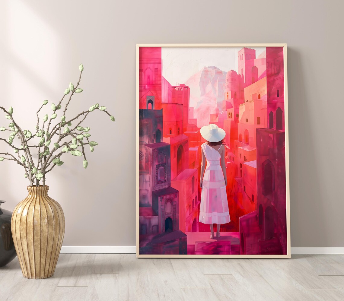 Woman In White Dress Walking Through A Rose Pink Old Town Poster - Image 3