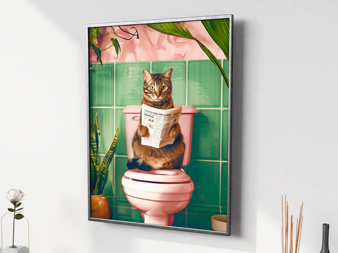 Tabby Cat Reading Newspaper On A Pink Toilet With Green Tiles Poster - Image 3