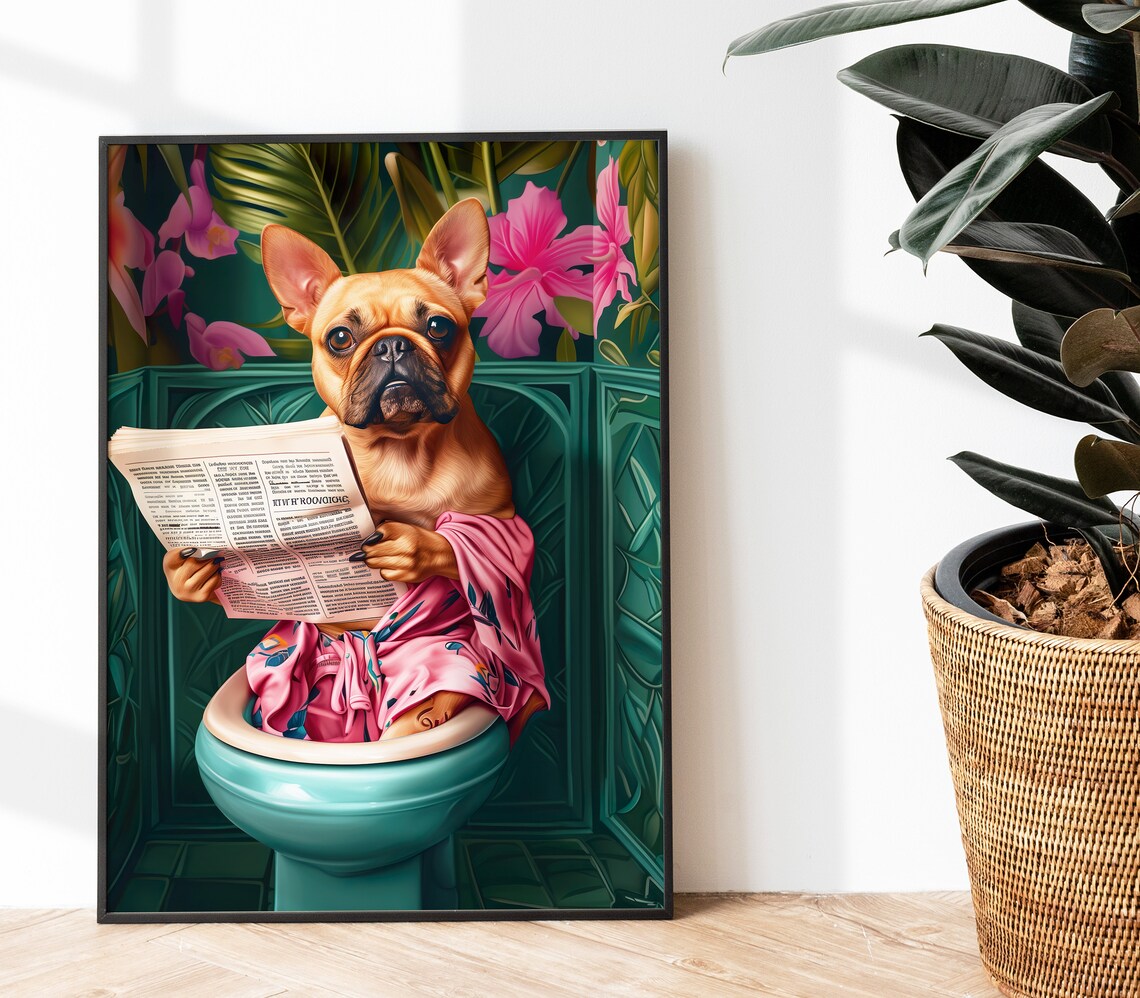 Fawn French Bulldog Reading on Toilet Art Print - Image 2