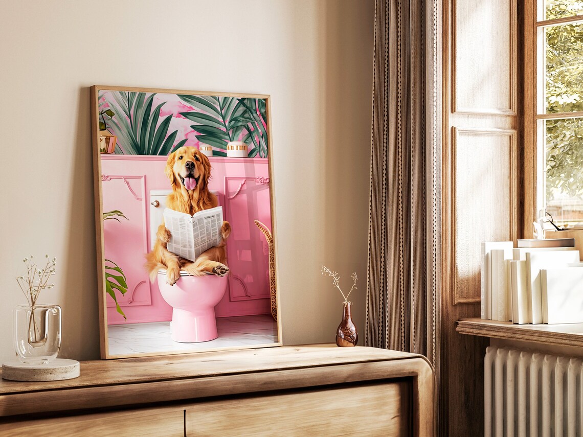 Bathroom Golden Retriever On Toilet Funny Dog Print - Image 4