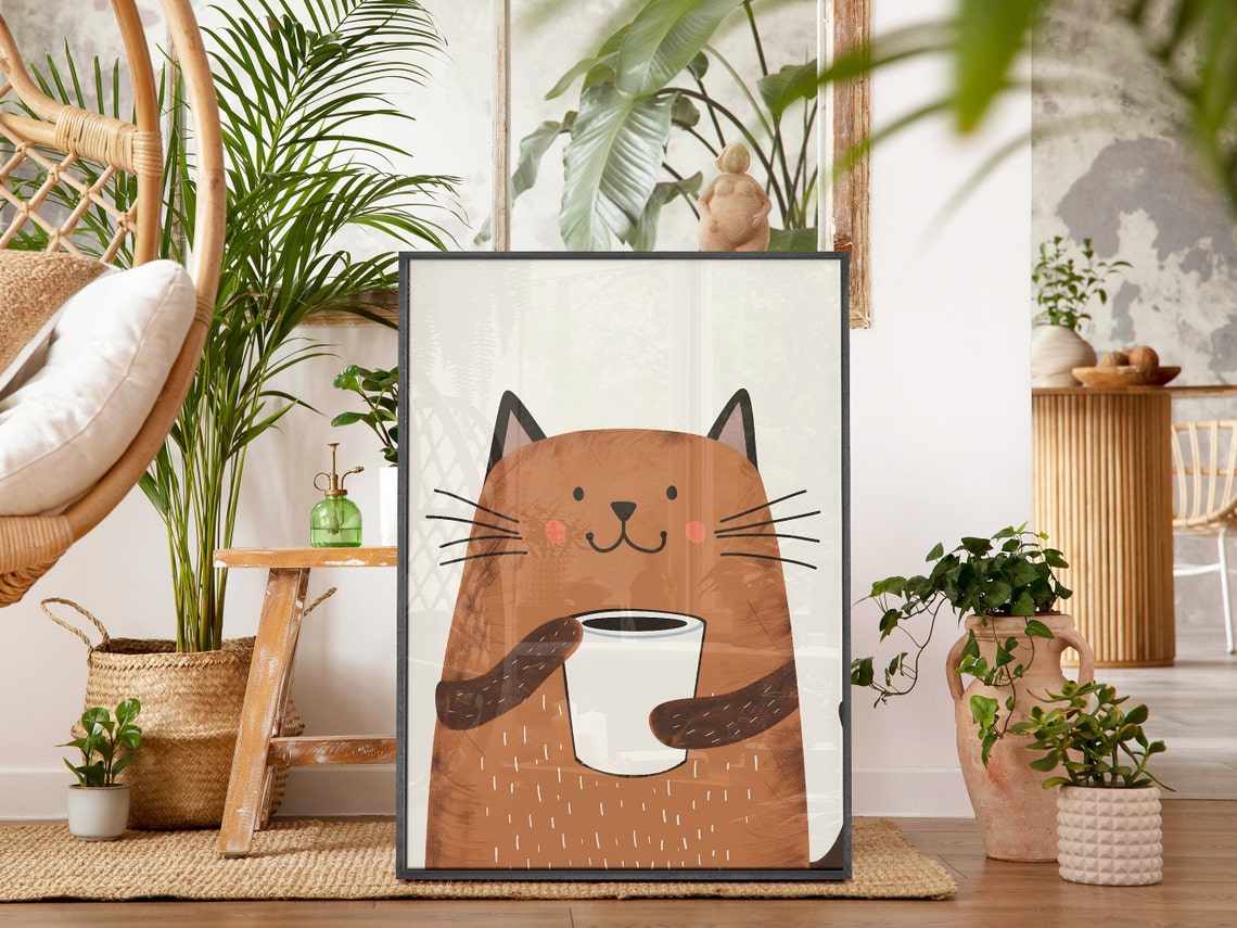 Cute Brown Cat Holding Big Coffee Cup Cozy Boho Kitchen Poster - Image 4