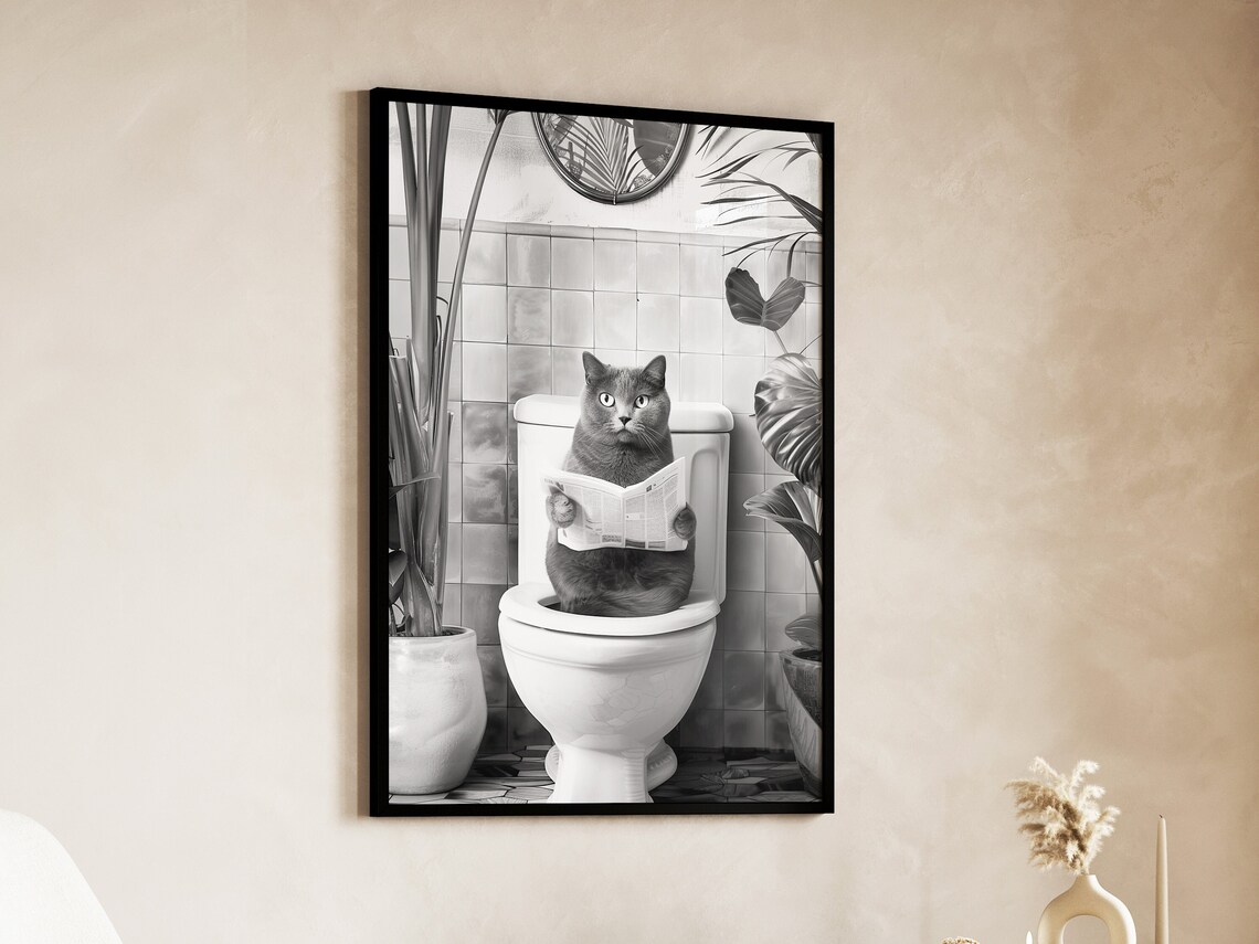 Black Cat Reading Newspaper Toilet Funny Bathroom Cat Poster - Image 4